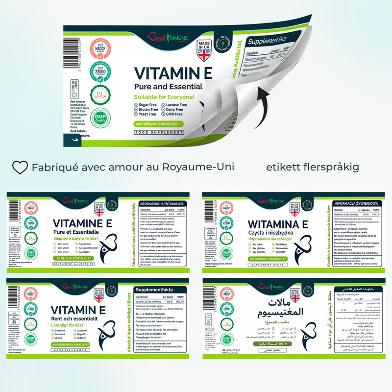 Best Immune, 100% Vitamin E 500iu Improved Formula 100 Vegan Capsules Highest bioavailability 100 count (Pack of 1)