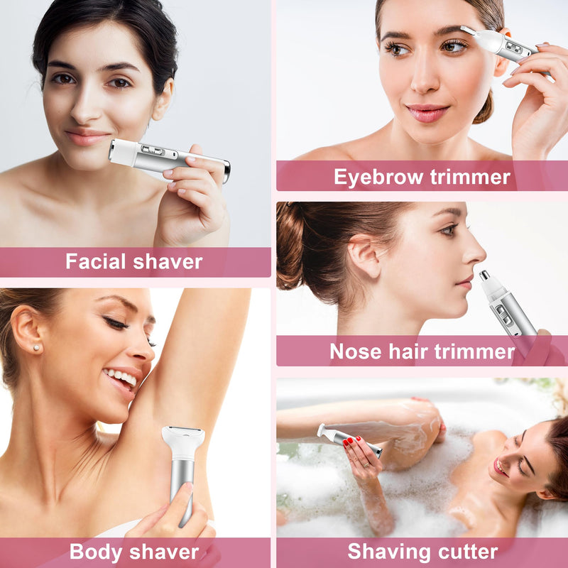 [Australia] - Electric Razor for Women Lady Shaver Hair Trimmer for Face Nose Eyebrow Beard Moustache Arm Leg Armpit Bikini Painless Rechargeable Portable 5 in 1 Lady Body Shavers Set Silver 