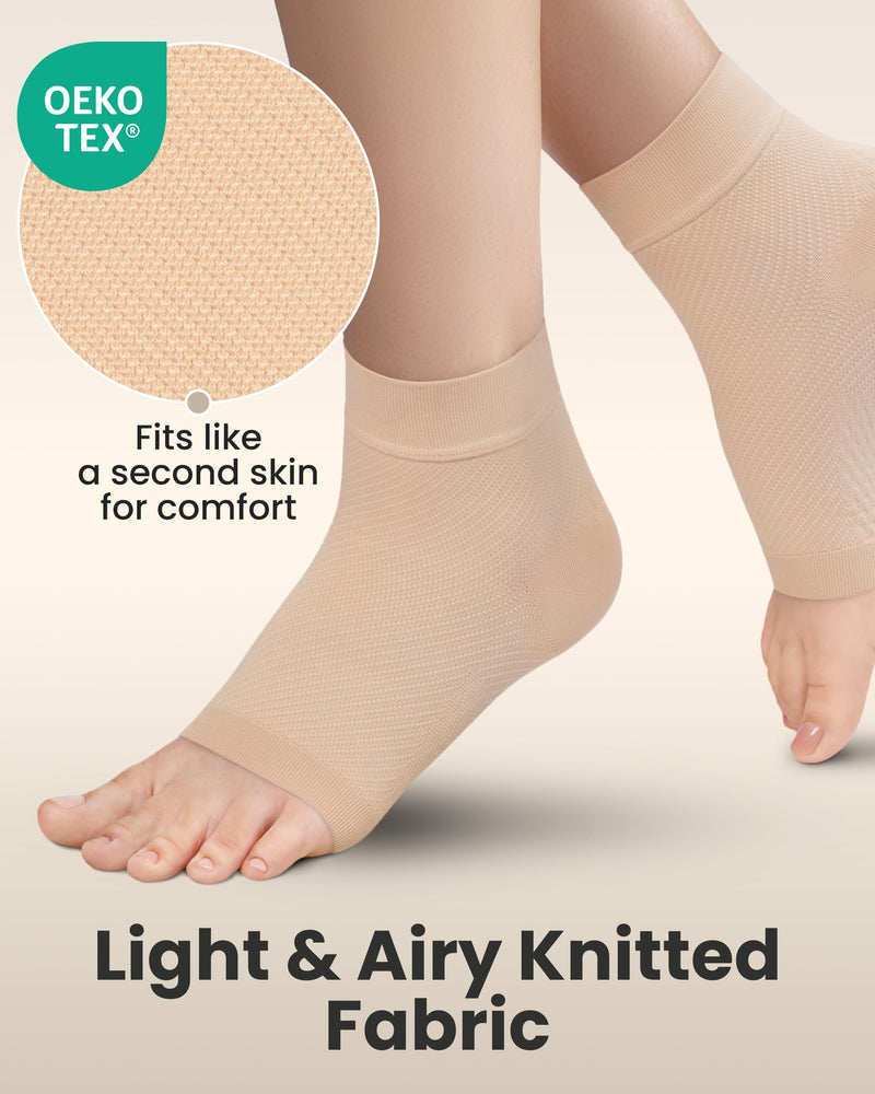 KEMFORD Ankle Compression Sleeve - 2-Pairs, Plantar Fasciitis Braces - Open Toe Compression Socks for Swelling, Sprain, Neuropathy, Foot Arch Support for Men and Women - 20-30mmhg, M, Beige Beige 2-Pairs Medium