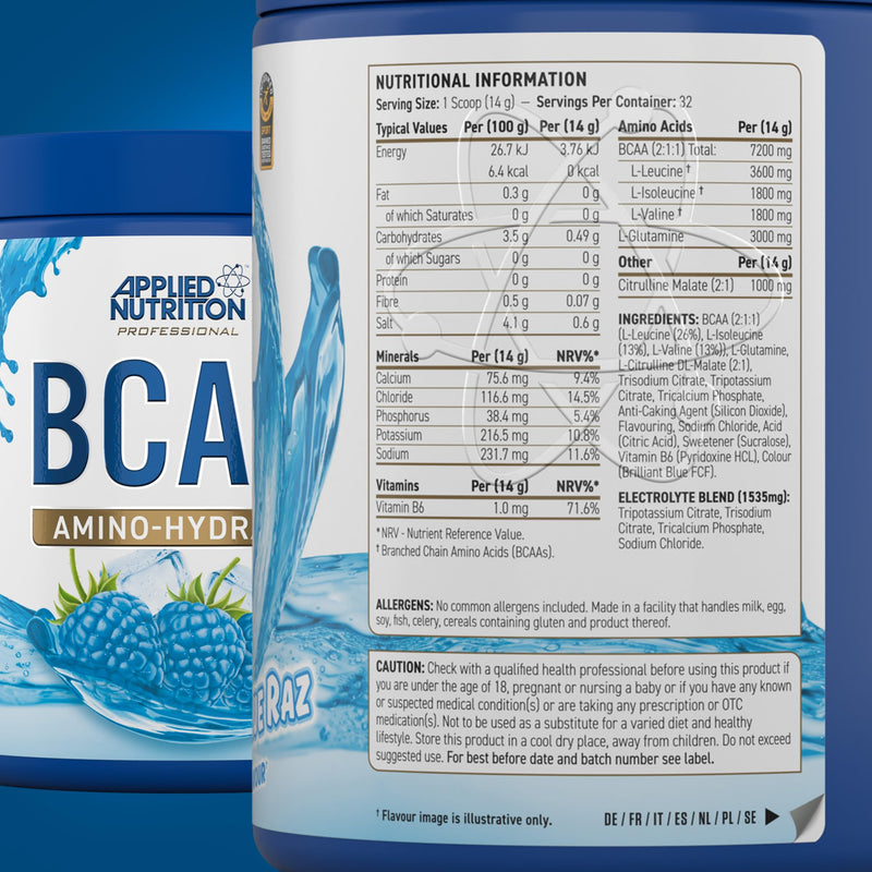 Applied Nutrition Bundle: BCAA Powder 450g + Lifestyle Water Bottle 1000ml | Branched Chain Amino Acids BCAAs Supplement, Intra Workout & Recovery (450g - 32 Servings) (ICY Blue Raz) ICY Blue Raz