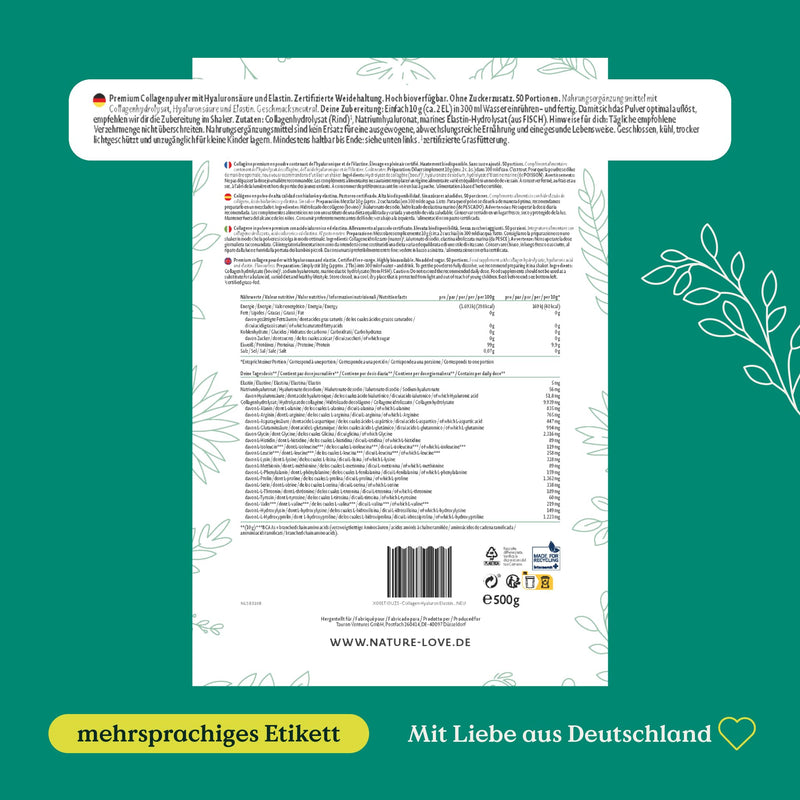 [Australia] - NATURE LOVE® Premium Collagen Powder with hyaluronic acid and elastin - 500g collagen - peptides types 1 and 3 - tasteless - collagen from pasture-raised cattle - laboratory tested 