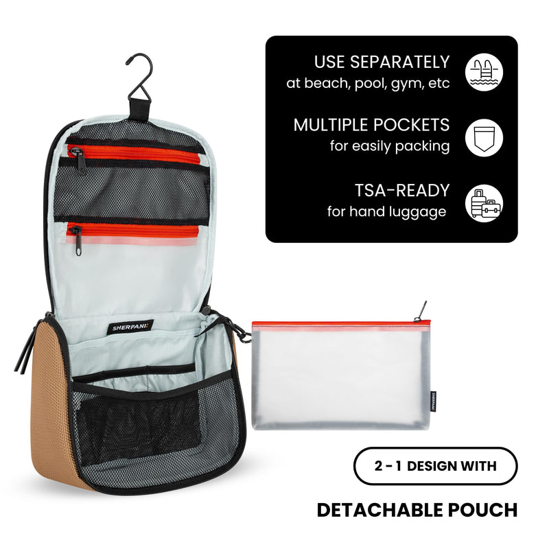 Sherpani Co-Pilot, Toiletry Bag, Hanging Cosmetic Organizer (Sand) | Hygiene Pouch with Hanging Hook, Water Resistant Makeup Bag, Shower Dopp Kit, Essentials Toiletries, Women Travel Gift One Size Sand