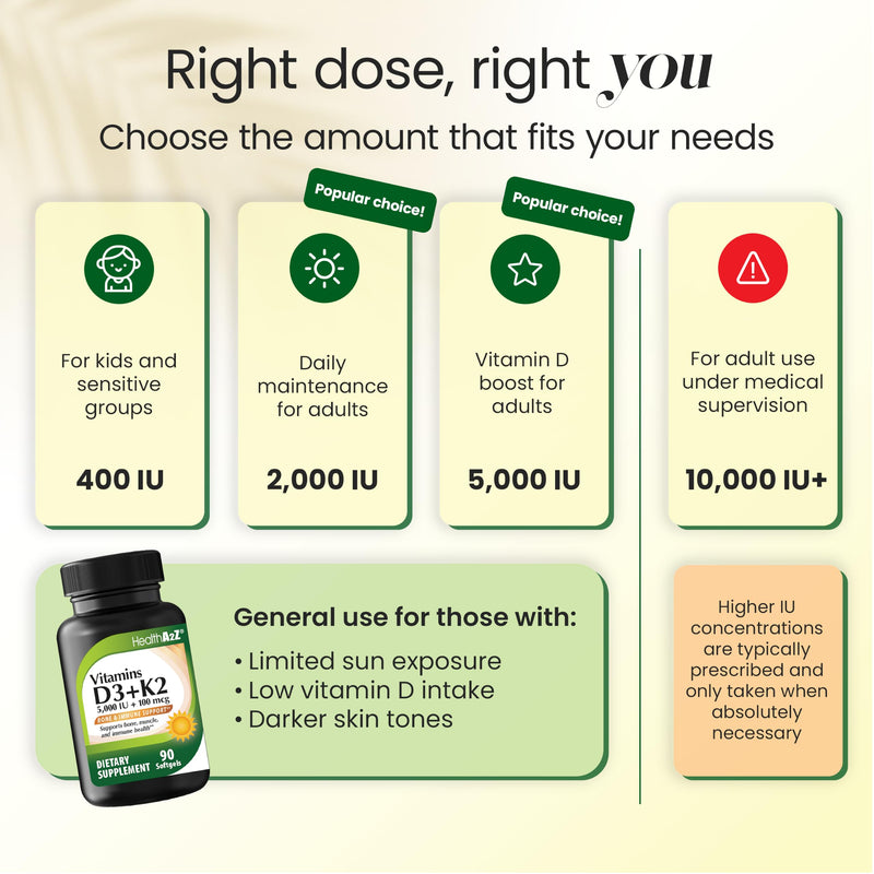 HealthA2Z® Vitamin D3 (5,000 IU) + K2 (100 mcg), 90 Softgels, Pack of 1 | Helps Calcium Absorption, Supports Bones & Teeth, Mood & Immune Health
