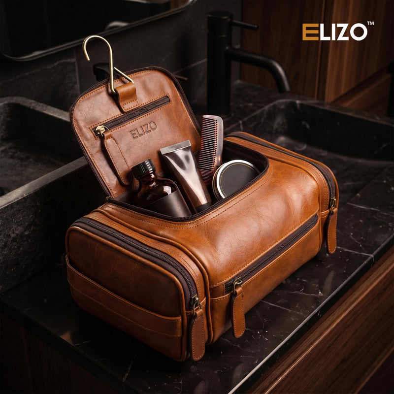 Real Leather Toiletry Bag for Men - Large Hanging Travel Organizer for Toiletries, Ideal for Dopp Kit & Shaving Kit for Men, Essential Mens Travel Toiletry Bag for Toiletries (Cognac)