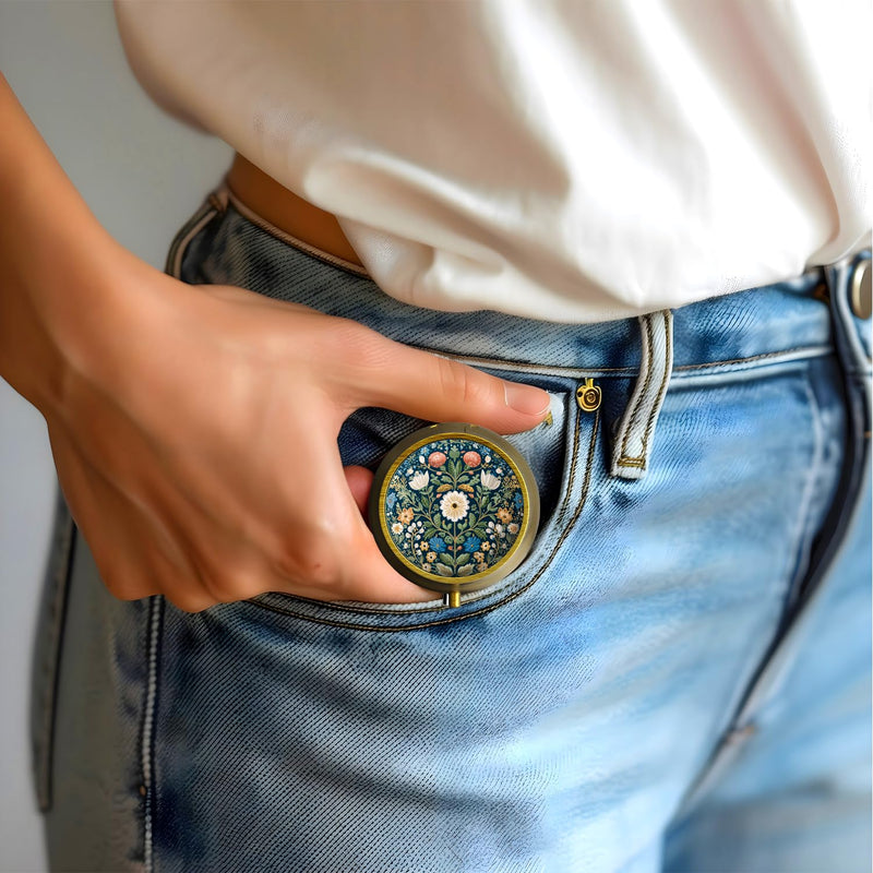 Small Pill Case Pill Box with Mirror Retro 3 Compartment Pill Holder for Purse or Pocket Bronze Portable Medicine Vitamin Container Fish Oil and Supplement Storage BPA-Free(Retro Plants) Retro Plants
