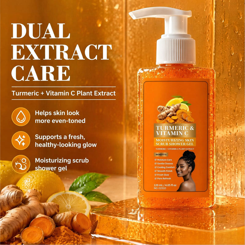 2pc Turmeric Vitamin C Orange Exfoliating Shower Gel with Cocoa Seed Scrub Particles, Mattifying Skin Brightening Body Wash to Fix Uneven Skin Texture, Gentle Daily Body Only Cleanser 2PC