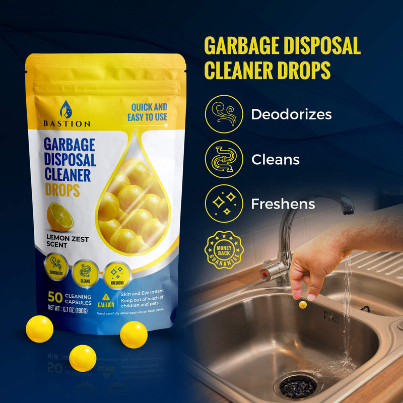 [Australia] - Garbage Disposal Cleaner and Deodorizer Drops- [[50-Count]] Lemon Zest Scented Kitchen Sink Freshener Pods & Drain Odor Eliminator Disposer Care Balls by Bastion 