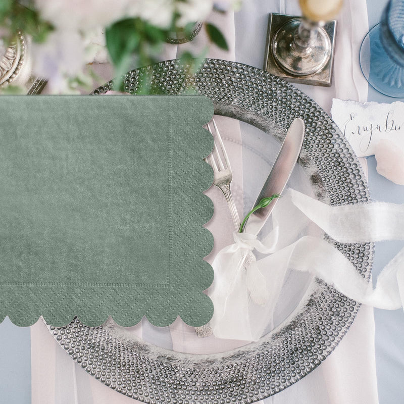 [Australia] - 100 Pack Cocktail Napkins 5 x 5 Inch Scalloped Napkins Beverage Napkins Gradient Color Paper Napkins with Scalloped Edges Thick Disposable Luncheon Napkins for Party Supplies (Sage Green) Sage Green 