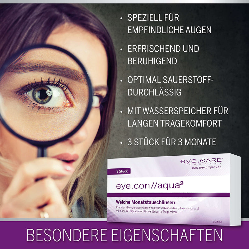 [Australia] - Eye.Con Aqua soft monthly lenses - with UV protection - box of 3 silicone hydrogel contact lenses with strength for sensitive eyes. Contact lenses with 55% water content BC 8.4mm, DIA 14.2mm, -2.50D -2.5 diopters 8.4 millimeters 14.20 millimeters 3.0 