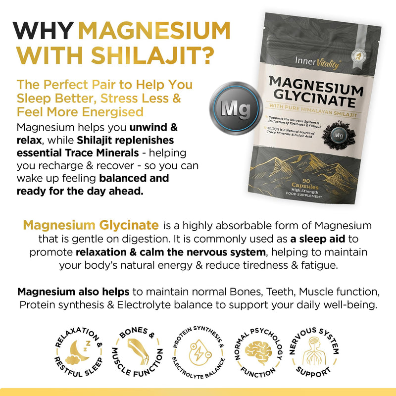 Magnesium Glycinate 1200mg + Shilajit Minerals for Sleep, Relaxation & Natural Energy, 2-in-1 High Strength Supplement - 90 Capsules Mineral Support Made in UK by Inner Vitality