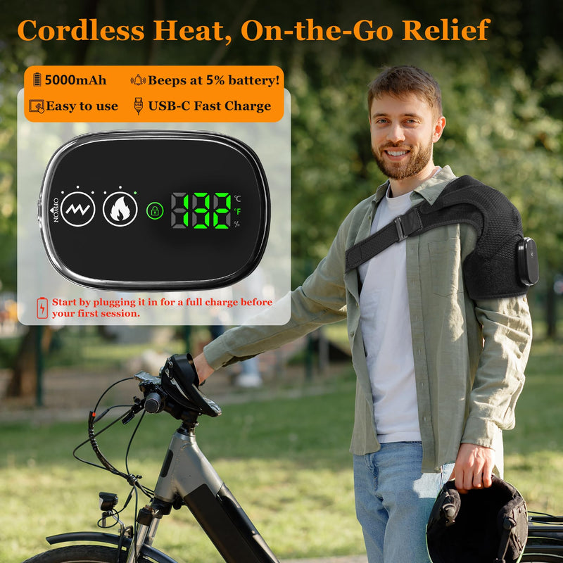 Cordless Shoulder Heating Pad & Massager, Electric Heated Shoulder Brace Wrap, Heating Pads for Rotator Cuff and Frozen Pain Relief,5000mAh Chargeable Powered, Men & Women(Black)