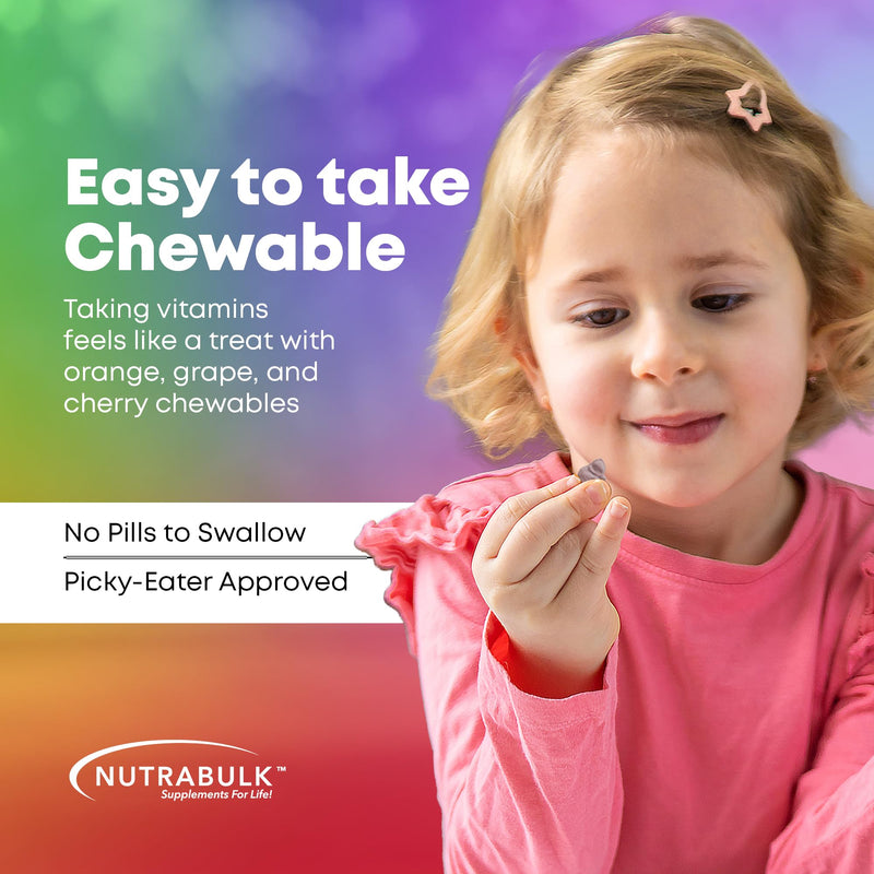 NutraBulk Children’s Chewable Multi-Vitamins - Promoting Kids' Overall Development - USA-Made, May Help to Support Immune, Bone, Brain & Overall Well Being- Vegan & Gluten Free - 250 Cherry Tablets | Fun Animal Shapes & Fruity Flavors, No Artificial Dy...