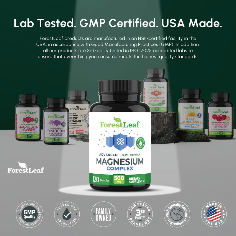 ForestLeaf Magnesium Complex 500mg - 500mg Capsules - Supplement 500 mg - for Sleep, Constipation - Supplement for Women (120 Ct)