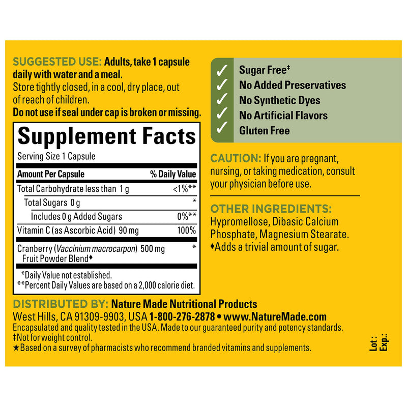 [Australia] - Nature Made Cranberry Supplement 500mg with Vitamin C for Immune & Antioxidant Support, Cranberry Blend for Urinary Tract Health, One Per Day, 60 Capsules 