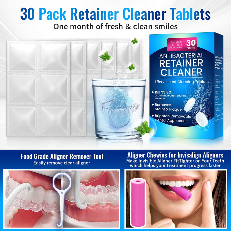 [Australia] - Retainer Cleaner Tablets for Invisalign,30 SULPHATE-free Effervescent Denture Cleaner with Aligner Tools Remove Stains ＆Odors -Mouth Guard Cleaner Night Guard Cleaner Tablets for Ultrasonic Cleaners 30 