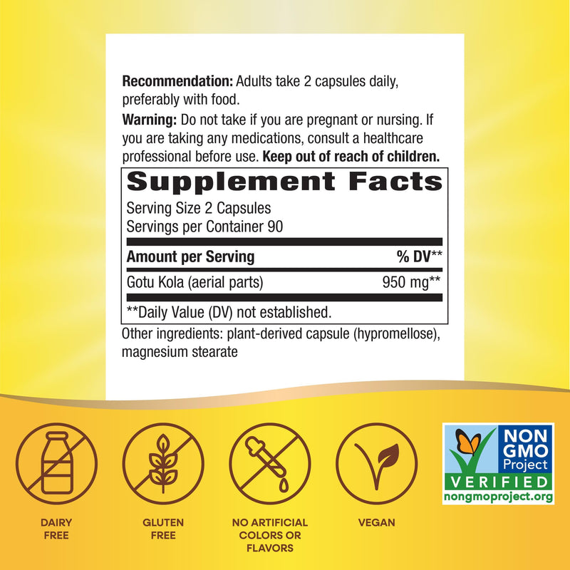 [Australia] - Nature's Way Gotu Kola Herb, Supports Longevity and Vitality*, 950 mg per 2-Capsule Serving, Non-GMO Project Verified, 180 Capsules (Packaging May Vary) 