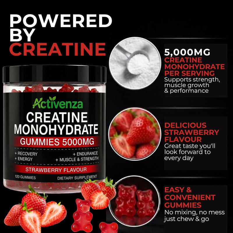 Sugar-Free Creatine Monohydrate 5000mg + L-Taurine Gummies, 120 Count, Strawberry Flavour, High-Strength Creatine Supplement for Workout & Gym Support for Men & Women