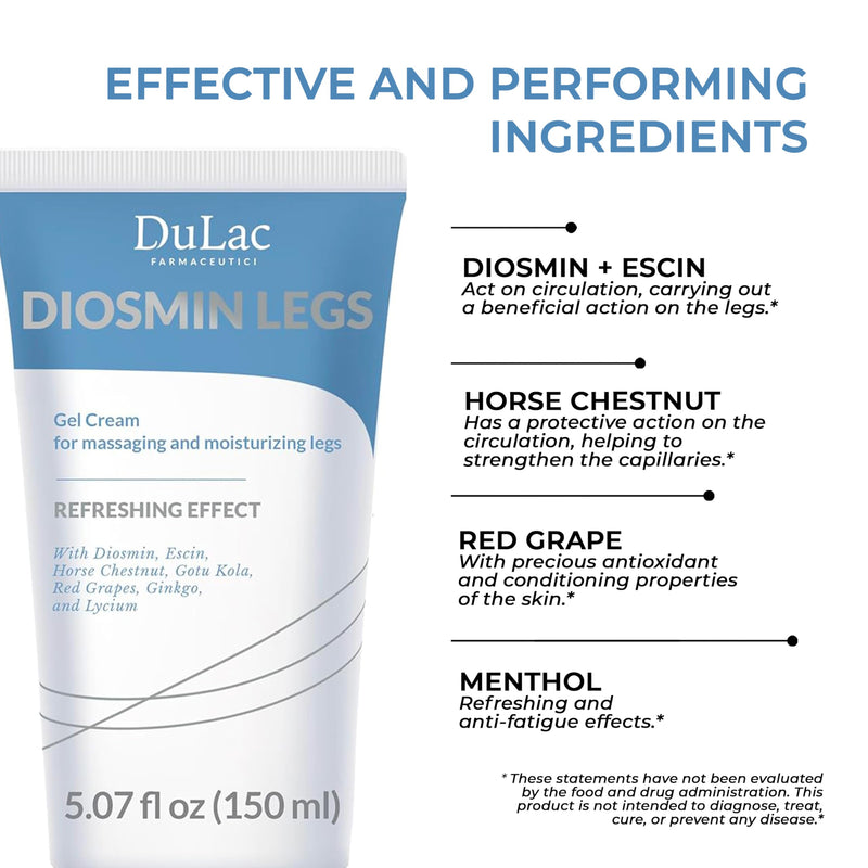 Dulac - Diosmin Legs, Refreshing Gel Cream for Daily Leg Care, 5.07 Fl Oz | With Diosmin, Menthol, Horse Chestnut, Butcher's Broom and Red Vine, Cooling Refreshing, Fast-Absorbing, Made in Italy DiosminLegs