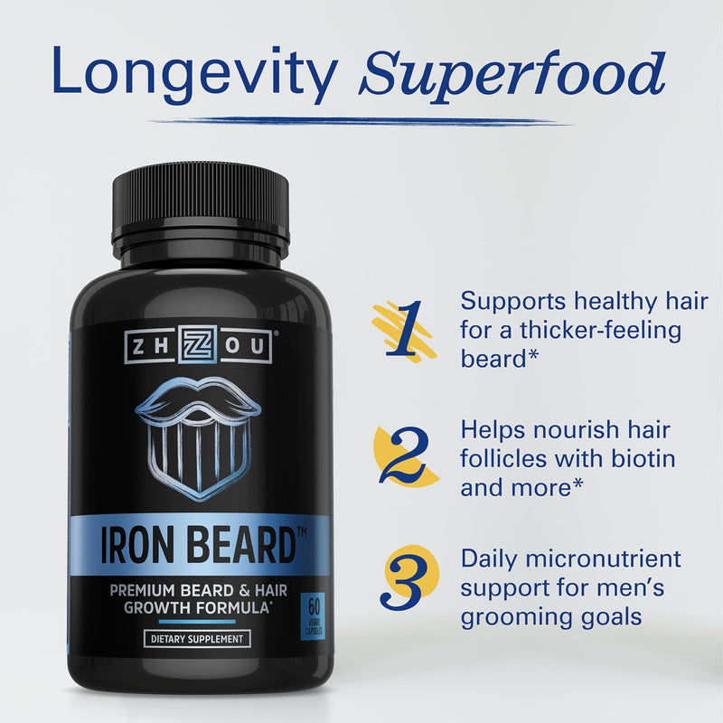 Zhou Iron Beard - Beard Growth Vitamins Men - 60 Veggie Capsules | Premium Biotin, Saw Palmetto & B Vitamin Pills to Support Facial Hair, Care Supplement for Full Beard