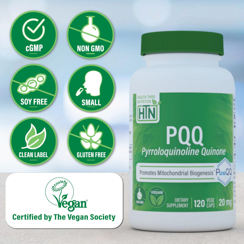 Health Thru Nutrition PQQ 20mg Pyrroloquinoline Quinone 120 Servings | PureQQ PQQ Supplement for Men and Women | Brain, Heart and Mitochondria Function Support | Certified Vegan | Non-GMO 120 Capsules