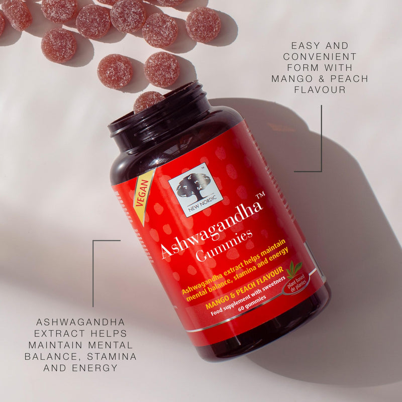 New Nordic Ashwagandha Gummies, Root Extract Supplement, Mango & Peach Flavour, Vegan, 60 Gummies