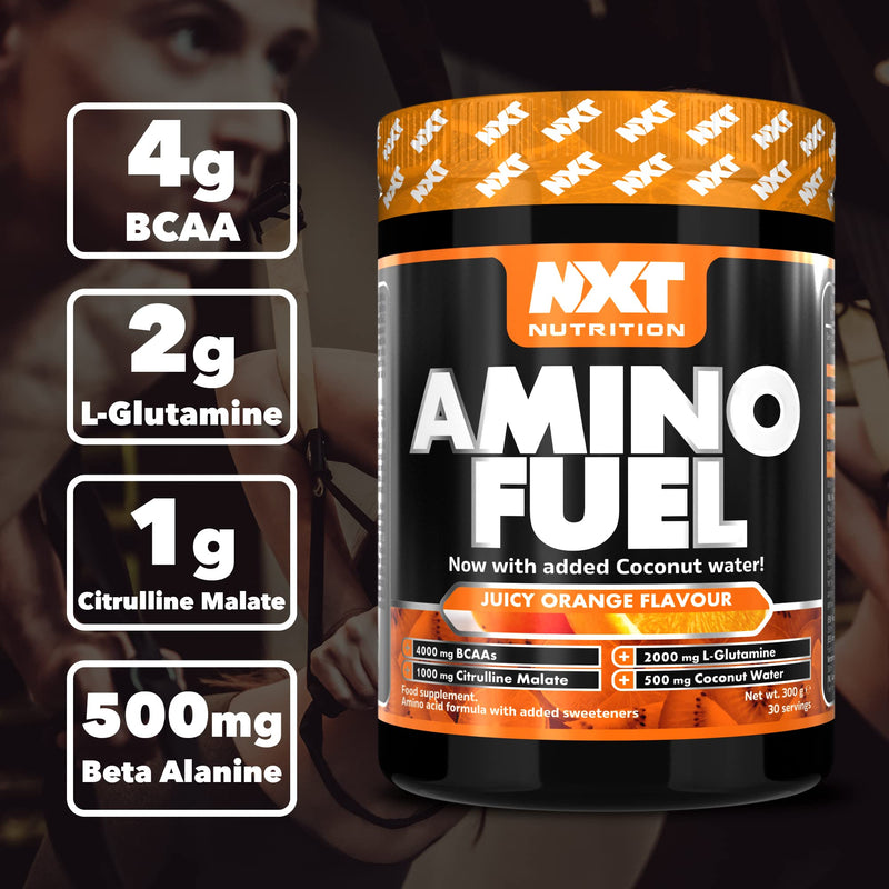 NXT Nutrition Amino Fuel Energy Drink | BCAAs Amino Acids with Beta Alanine, Vitamin D3 and Citrulline Malate – for Performance, Endurance and Energy Support | (Orange)