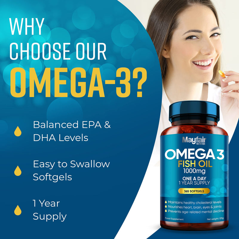 Omega 3 1000mg Capsules - 365 Fish Oil Tablets with EPA & DHA - One a Day - Supports Heart, Vision, & Brain Health - 1 Year Supply - Made in UK
