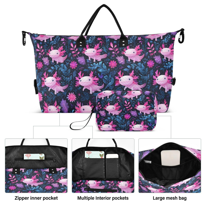 Cute Axolotl Animal Large Travel Duffle Bag Weekender Overnight Bags Gym Yoga Bag for Women Men with Toiletry Bag Multicolor 6