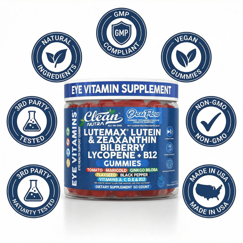 Clean Nutra Lutein and Zeaxanthin Eye Vitamins Gummies + Bilberry for Eyes Vision Support Ginkgo Biloba Marigold, Vitamin B12 Flaxseed Black Pepper CoQ10 Vitamin A l 60 Count B OcuFlow