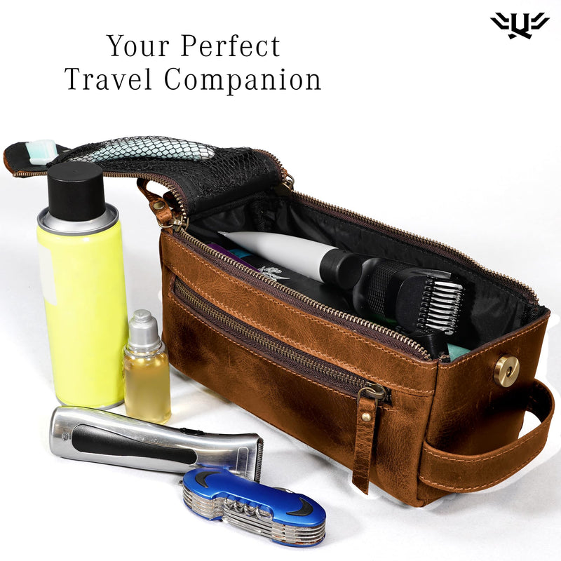 Premium Handmade Genuine Leather Toiletry Bag for Men & Women, Dopp Kit & Shaving Travel Organizer, Cosmetic Wash Bag with Zipper Pocket Travel Pouch, Gift for Him & Her - Tan Brown Tan (Large)