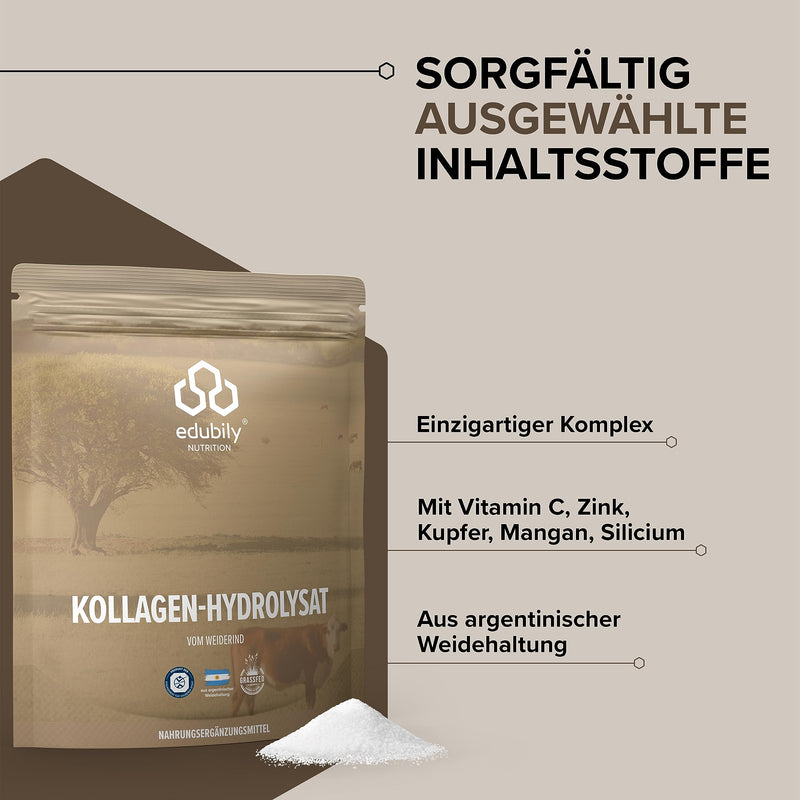 [Australia] - edubily nutrition® collagen powder • From certified pasture farming • Premium collagen hydrolyzate with co-factors for joint health & strong connective tissue • In a Velcro bag (750 g) 750 g (pack of 1) 