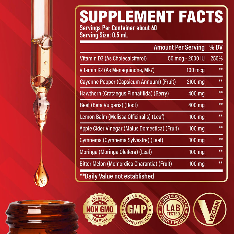 Satoomi 10in1 Cayenne Pepper Liquid Drops with Vitamin D3, Vitamin K2, Hawthorn Berry, Beet Root, Lemon, Apple Cider Vinegar, Gymnema, Moringa, Bitter Melon - Digestion Support - 30ml - 60 Day Supply