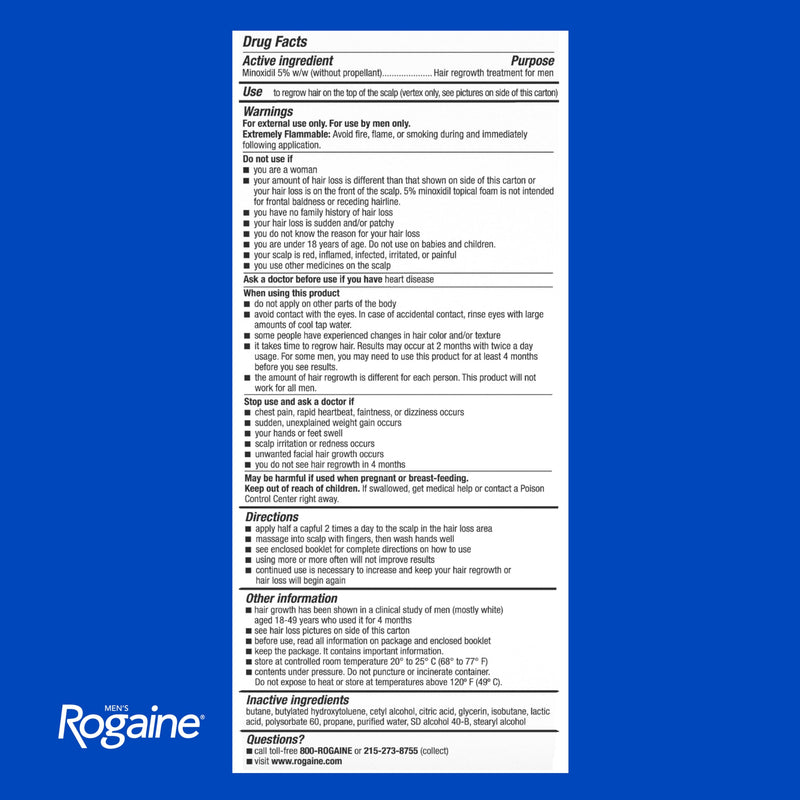 Men's Rogaine 5% Minoxidil Topical Foam, Unscented, 3 Mo Supply, 3x 2.11 Oz | Hair Regrowth Foam, Topical Hair Loss Treatment for Men, Regrow Fuller, Thicker Hair, Unscented, Aerosol, 3-Month Supply 2.11 Ounce (Pack of 3)