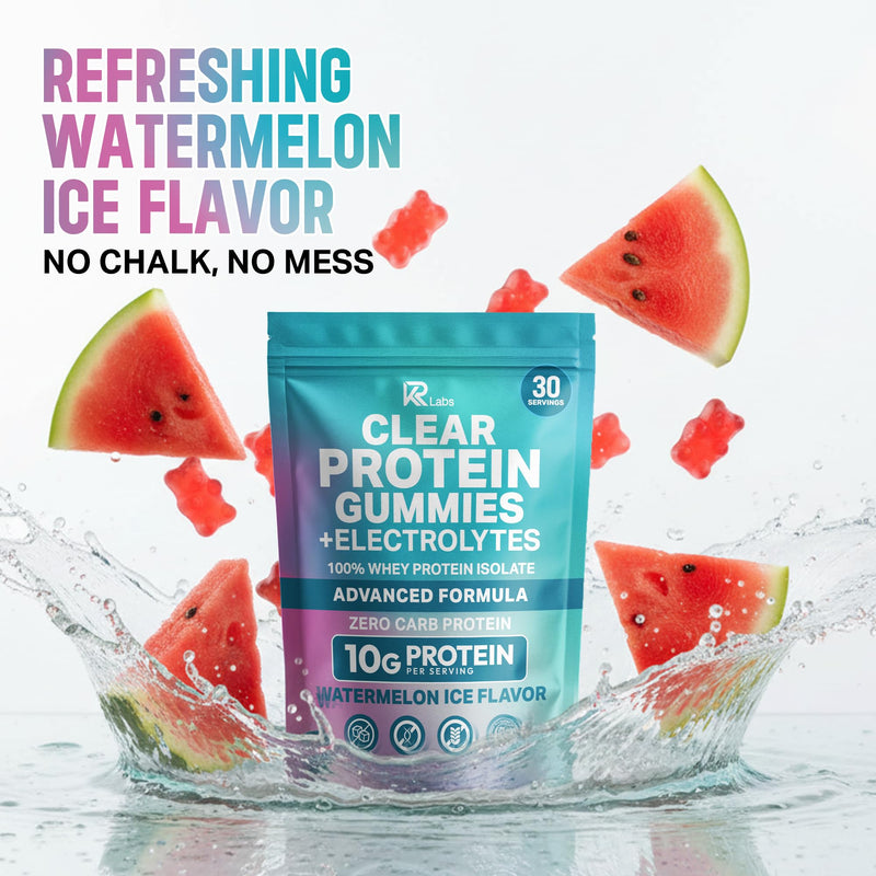 Zero Carb Clear Whey Protein Gummies, Electrolyte, Watermelon Ice | 10g Protein per Serving, 300g Total per Bag, 100% Whey Isolate, Gluten-free, Non-GMO, Vitamins Added, For Men & Women