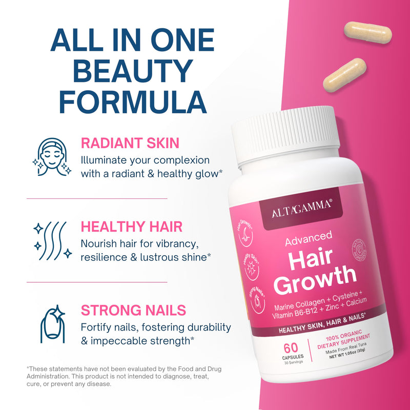 Hair Growth Supplements - Nourishes Thinning, Strengthen Nails & Skin & Combat Hair Loss - Hair Growth Vitamins for Women & Men with Marine Collagen Peptides, 60 Capsules | 30 Day Supply