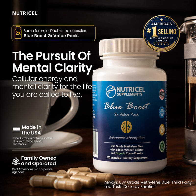 Nutricel Supplements Methylene Blue Capsules - Pharmaceutical Grade Supplement - Trusted Made in America - 12mg (USP Reference Compliant) with Vitamin C Ester - Third Party Tested (120 Capsules) 120 Count (Pack of 1)