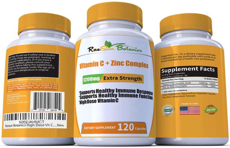 High Dose Extra Strength 1200mg Vitamin C + Zinc Complex for Immune Support Health 120 Capsule 2 Month Supply Veggie Capsule Non-GMO Gluten Free Vegan