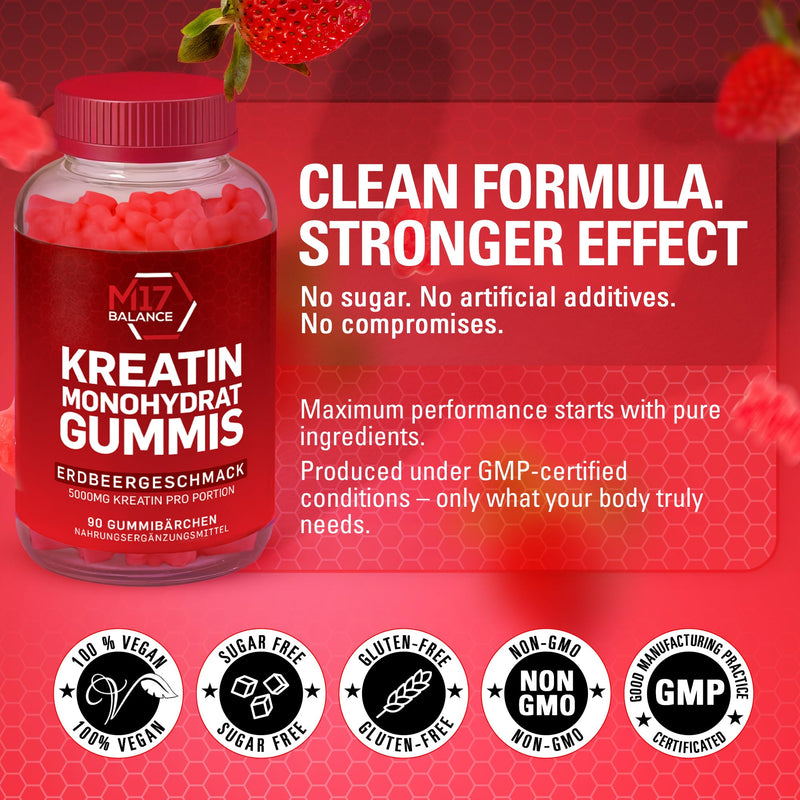 Creatine Monohydrate Gummy Bears - 5000 mg Creatine with BCAAs & L-Carnitine per Dose - for Muscle Building - Sugar Free, Anti-Melt Formula, Vegan, Gluten Free - 30 Servings (90 Count, Strawberry) 90 count (Pack of 1)