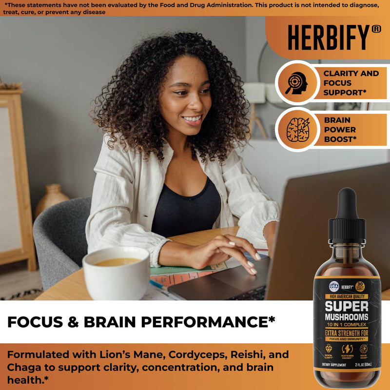 [Australia] - Mushroom Supplement - Lions Mane Reishi Cordyceps Chaga Turkey Tail Inulin & More Mushrooms For Immune Support, Energy - Premium Nootropic Brain Supplements For Memory And Focus - Made in USA 2 FL Oz 