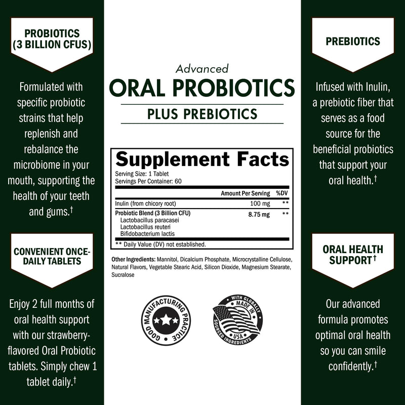 [Australia] - Oral Probiotics Supplement with Prebiotics - Supports Healthy Teeth Gums Mouth and Fresh Odorless Breath for Adults - Strawberry Flavored Chewable Dental Probiotic (60 Tablets, 60 Day Supply) 