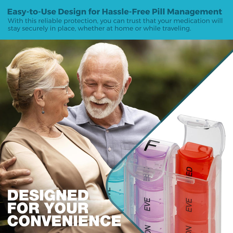 Weekly Pill Organizer - Pill Planners for Pills and Vitamins Day Week, 4 Times-a-Day Medication Reminder, AM PM Compartments Monday to Sunday for Travel or Purse 1 Multi 1 Count (Pack of 1)