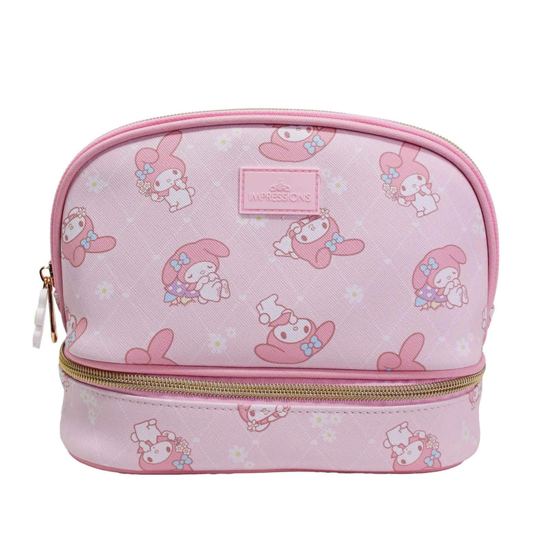 Impressions Vanity My Melody Double Layer Makeup Bag with Top and Bottom Zippered Compartments, My Melody Print Artwork Makeup Organizer with Faux Saffiano Leather, Inner Slip Pocket and Gold Hardware