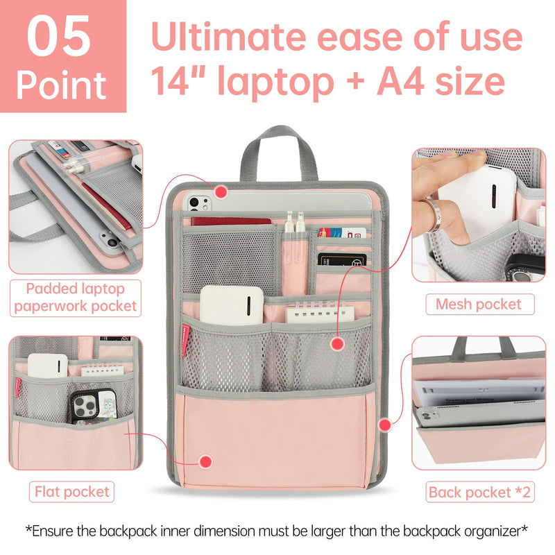 Stiff Backpack Insert Organizer for Men Women Bag In Bag,Water-repellent Nylon 13.7''x10.2''x2''-Pink Pink