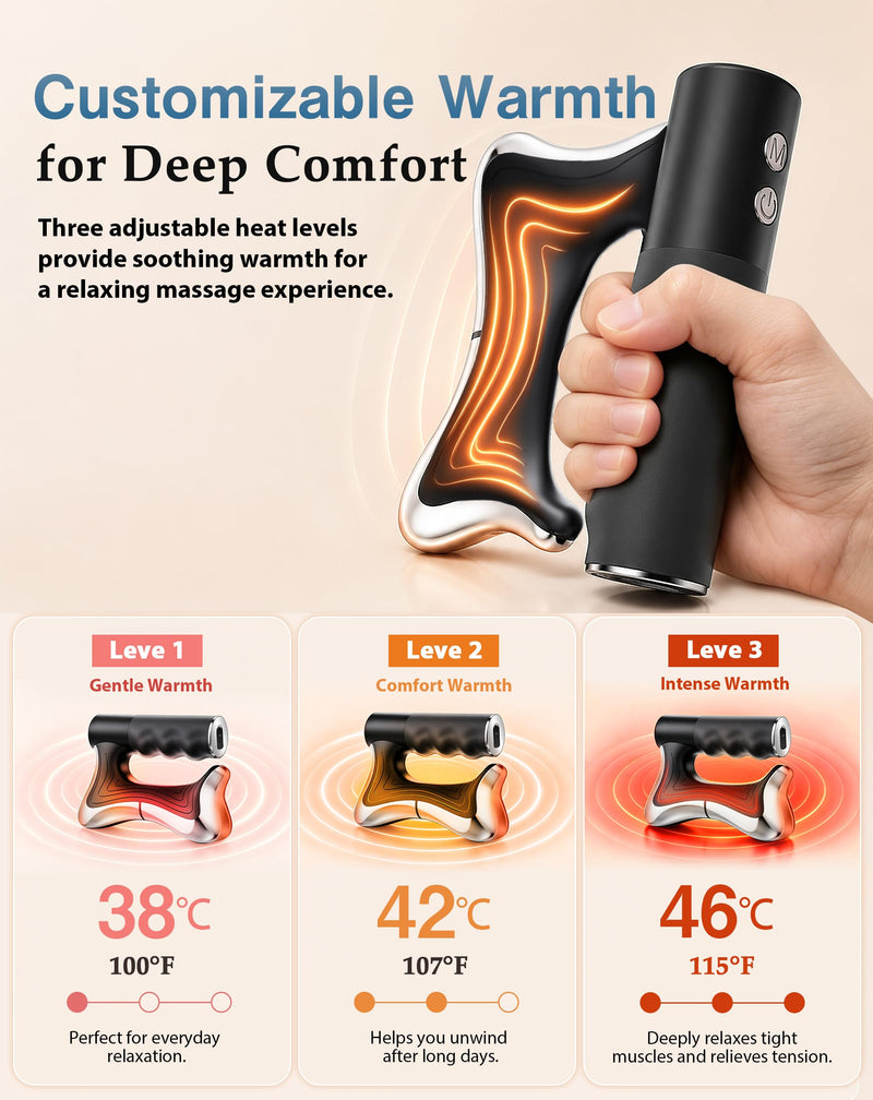 Electric Heated Muscle Scraper Tool, 3-in-1 Gua Sha Massage Tool and Fascia Scraper with Heat and Vibration, Portable Rechargeable Body Massager for Neck, Back, Shoulders, Legs and Arms