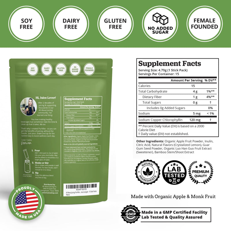 [Australia] - All About Juicing Chlorophyll Green Juice Shots - Clean Energy, Detox, Alkalize - 15 Stick Packs - Superfood Juice Powder - PuriVibe Chlorophyll Shots 15 Pack 