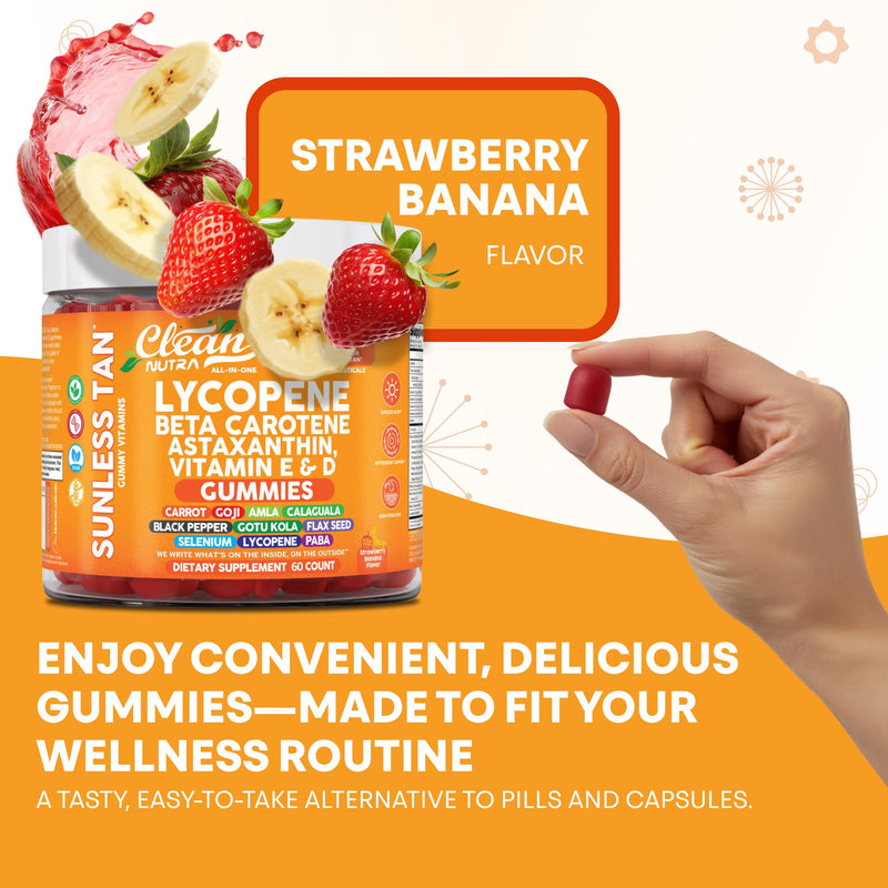 [Australia] - Clean Nutra Sunless Glow Gummies with Lycopene, Beta Carotene, Astaxanthin, Vitamin E and D - All-in-One Gummy Supplement for Daily Routine - 60 Count, Vegan, Non-GMO, Pectin-Based, Gluten-Free 