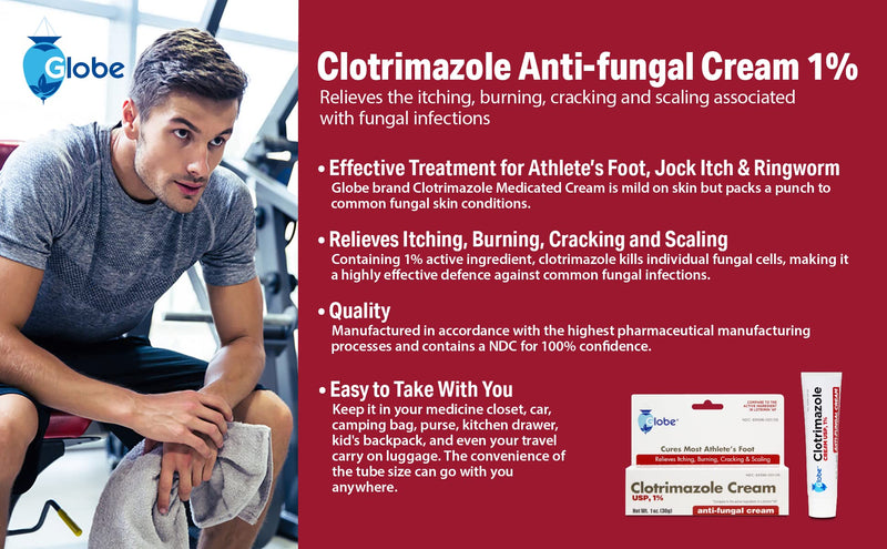 [Australia] - Globe (6 Pack) Clotrimazole Antifungal Cream 1% USP, 1 oz, Anti Fungal Treatment, Relieves Itching, Burning, Cracking and Scaling Associated Athletes Foot, Jock Itch, Ringworm and More 