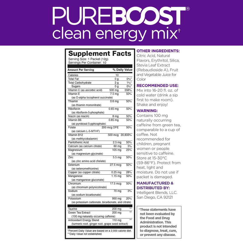 Pureboost Sugar-Free Clean Energy Booster Drink Mix, Acai Alert 10ct | B12 vitamins, low sodium electrolytes & antioxidants. 25 vitamins and minerals. No sucralose. 10 Count