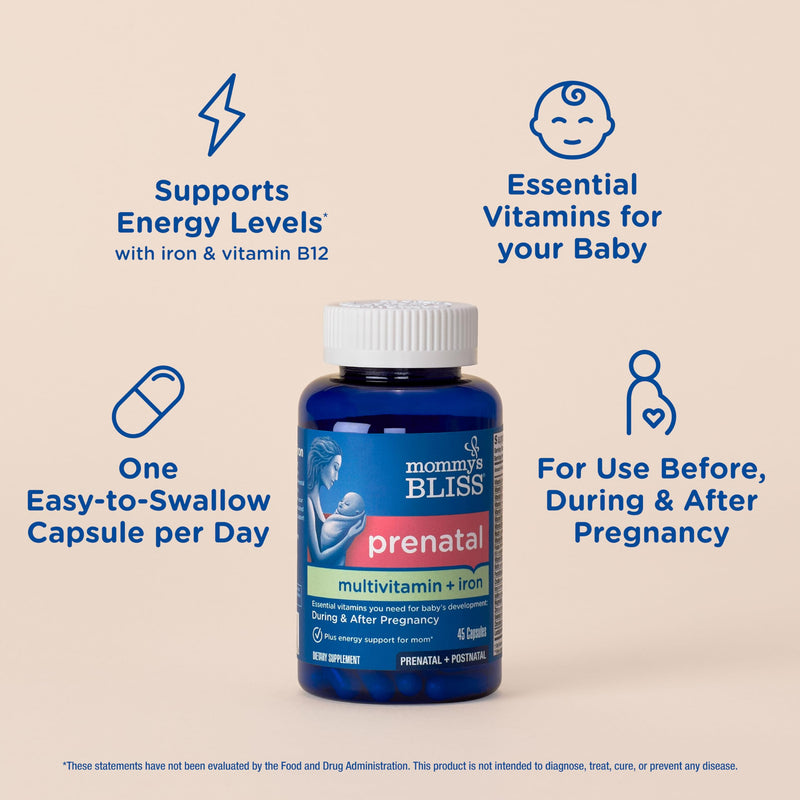 Mommy's Bliss Prenatal Multivitamin with Iron & Folic Acid, 45 Servings | Supports Baby Development + Mom Immune System & Energy Levels w/ B Vitamins & Probiotics, Vegan & Gluten Free 45 Count (Pack of 1) Prenatal Multivitamin + Iron Capsules