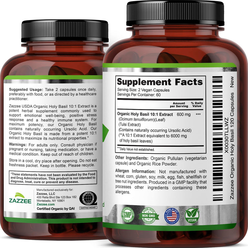 [Australia] - Zazzee USDA Organic Holy Basil 10:1 Extract, 6000 mg Strength, 120 Vegan Capsules, Concentrated and Standardized 10X Tulsi Extract, Ursolic Acid, 100% Certified Organic, Non-GMO 